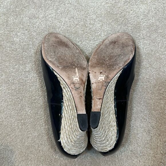L.K. Bennett London Women Edee Open Peep Toe Wedge Patent Navy Blue Size 38 / 7 - Picture 7 of 10